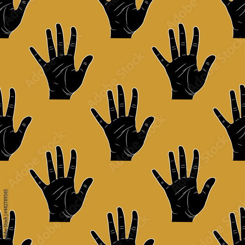 Seamless geometrical pattern with human hands or palms with open fingers. Black silhouettes on yellow background.