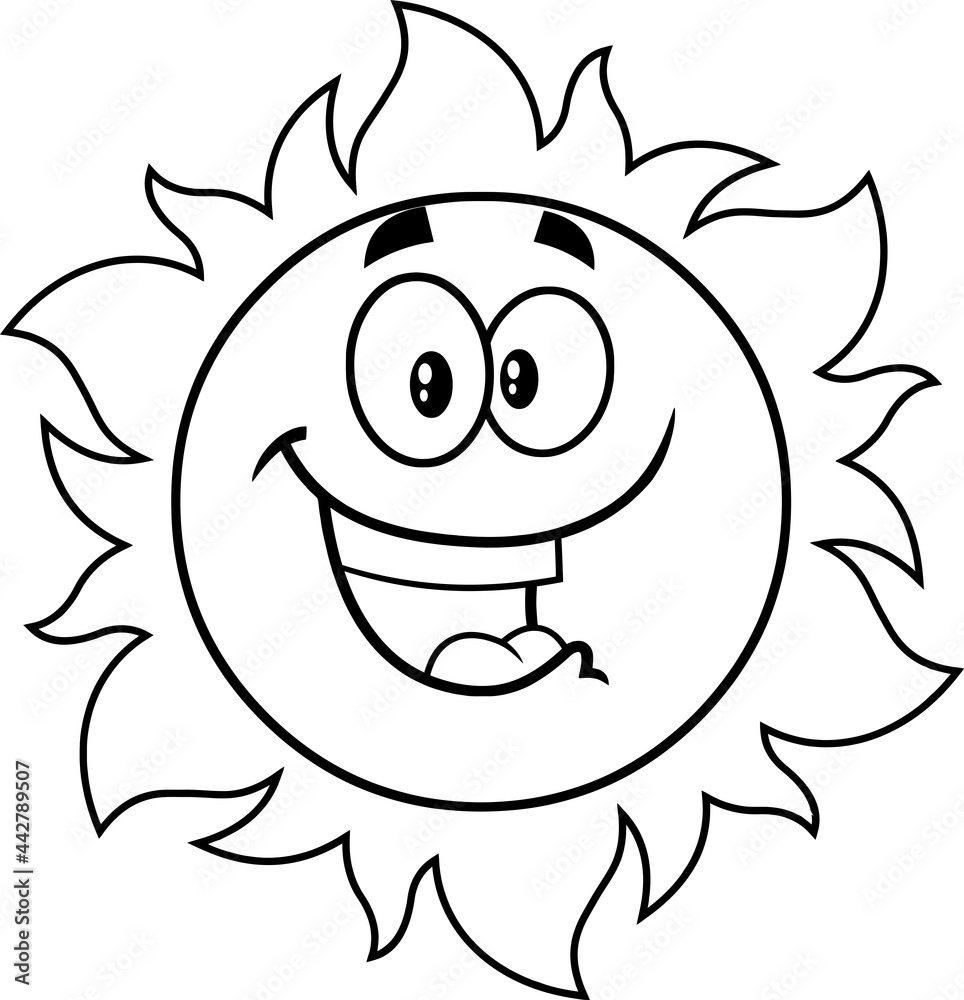 Outlined Happy Sun Cartoon Character. Vector Hand Drawn Illustration Isolated On Transparent Background