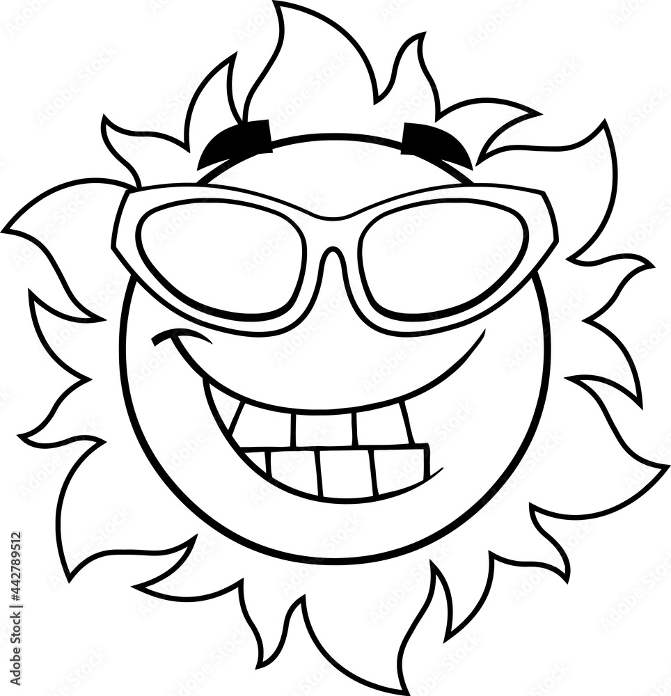 Outlined Smiling Sun Cartoon Character With Sunglasses. Vector Hand Drawn Illustration Isolated On Transparent Background Outlined Smiling Sun Cartoon Character With Sunglasses. Vector Hand Drawn Illustration Isolated On Transparent Background
