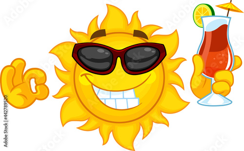 Smiling Sun Cartoon Character With Sunglasses And Summer Cocktail. Vector Hand Drawn Illustration Isolated On Transparent Background