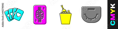 Set Deck of playing cards, King playing card with diamonds, Champagne in an ice bucket and Poker table icon. Vector