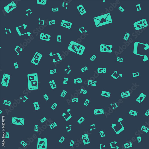 Set Dating app online, Envelope with Valentine heart, Mobile and Music note, tone hearts on seamless pattern. Vector