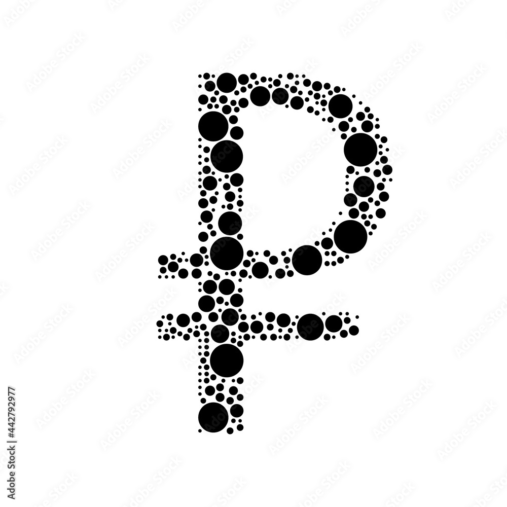 A large ruble symbol in the center made in pointillism style. The center symbol is filled with black circles of various sizes. Vector illustration on white background A large ruble symbol in the center made in pointillism style. The center symbol is filled with black circles of various sizes. Vector illustration on white background