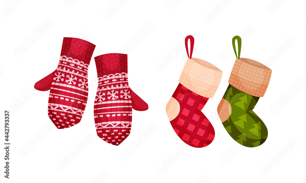 Festive New Year and Christmas Attribute with Hanging Stocking and Knitted Mittens Vector Set Festive New Year and Christmas Attribute with Hanging Stocking and Knitted Mittens Vector Set