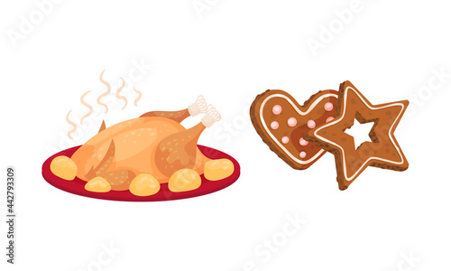 Festive New Year and Christmas Attribute with Roasted Chicken on Plate and Gingerbread Cookie Vector Set