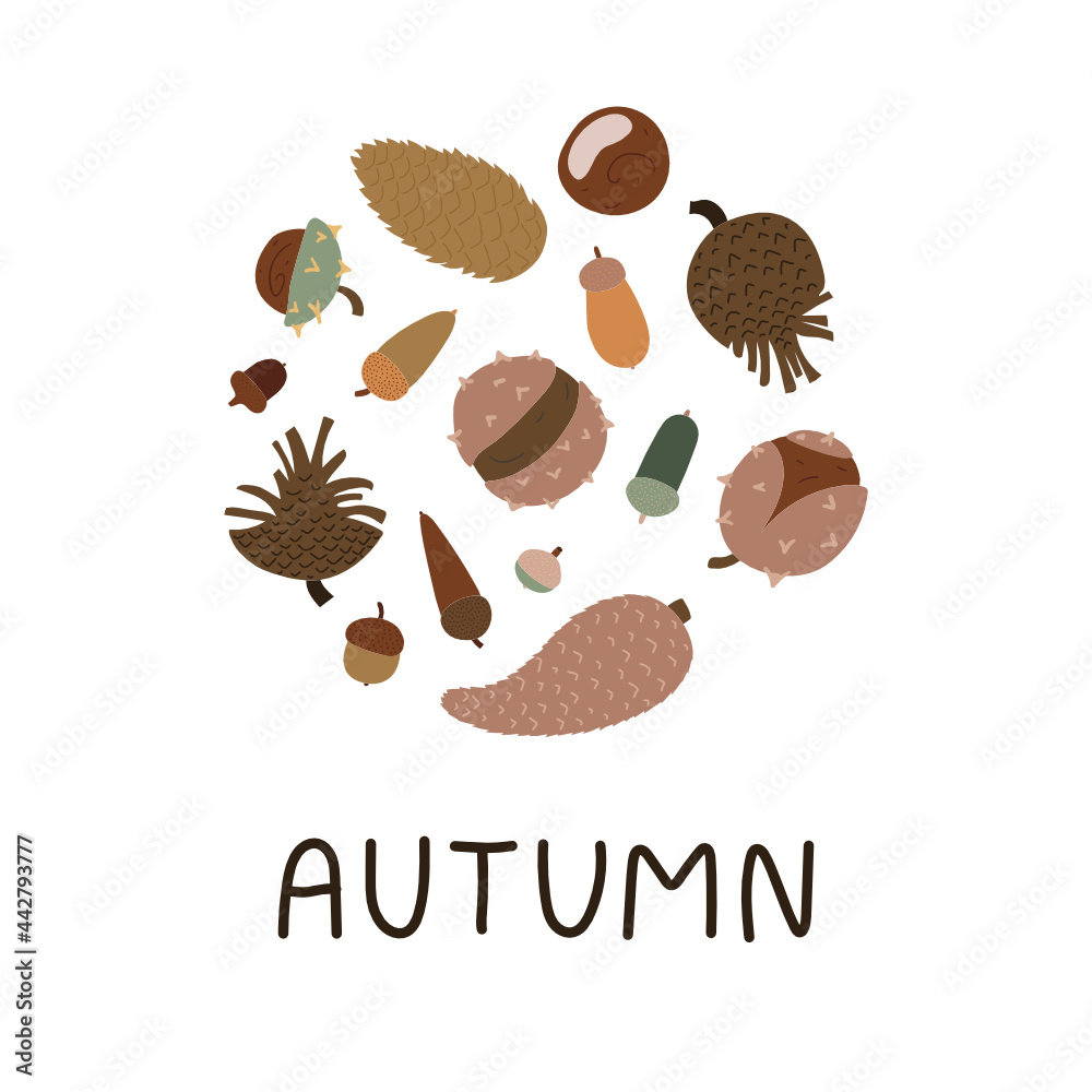 Pretty autumn mood card with hand-drawn text - Autumn. Round composition with chestnuts, acorns, cones. Vector illustration isolated on white background. Pretty autumn mood card with hand-drawn text - Autumn. Round composition with chestnuts, acorns, cones. Vector illustration isolated on white background.