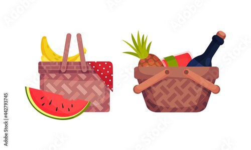 Wicker Picnic Basket or Hamper Full with Foodstuff Vector Set