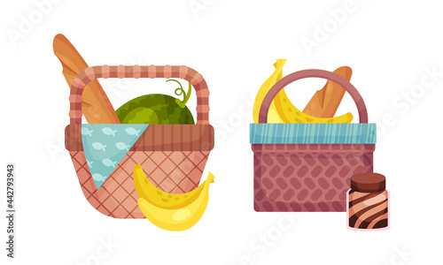 Wicker Picnic Basket or Hamper Full with Foodstuff Vector Set
