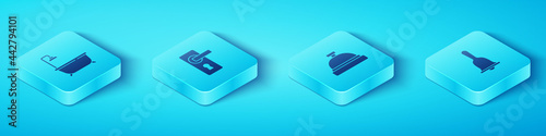 Set Isometric Bathtub with shower, Door handle, Hotel service bell and icon. Vector