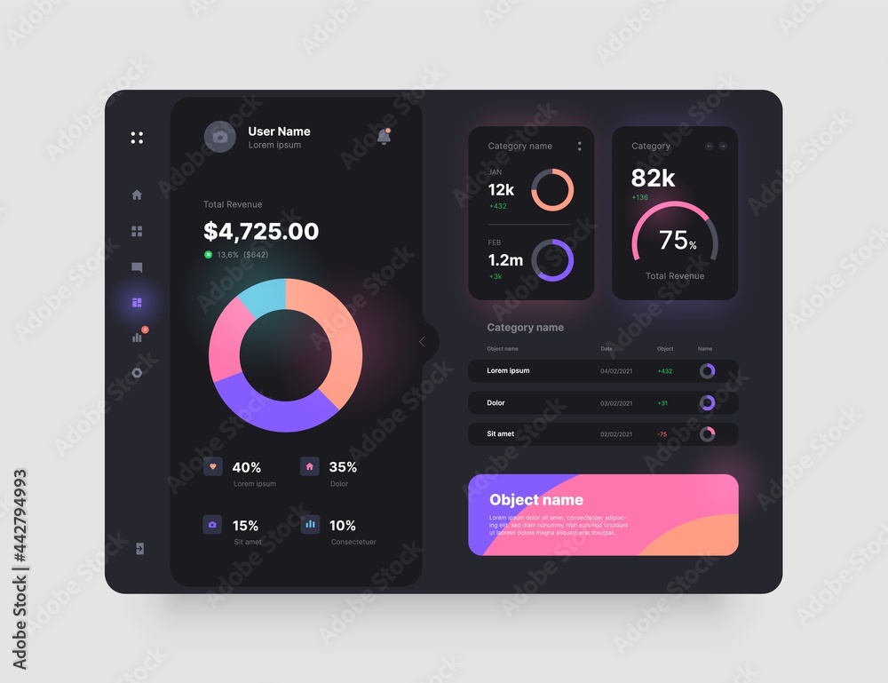 Dashboard design in dark colors. App interface with UI and UX elements. Use design for web application, desktop or mobile app.