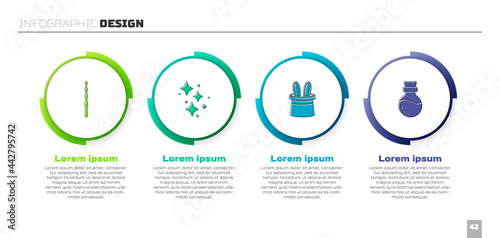 Set Magic wand, Sparkle stars with magic, Magician hat rabbit ears and Bottle potion. Business infographic template. Vector