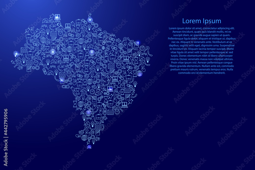 Brazil map from blue and glowing stars icons pattern set of SEO analysis concept or development, business. Vector illustration.