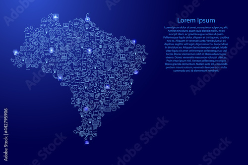 Brazil map from blue and glowing stars icons pattern set of SEO analysis concept or development  business. Vector illustration.