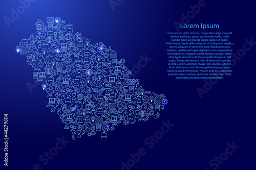Saudi Arabia map from blue and glowing stars icons pattern set of SEO analysis concept or development, business. Vector illustration.