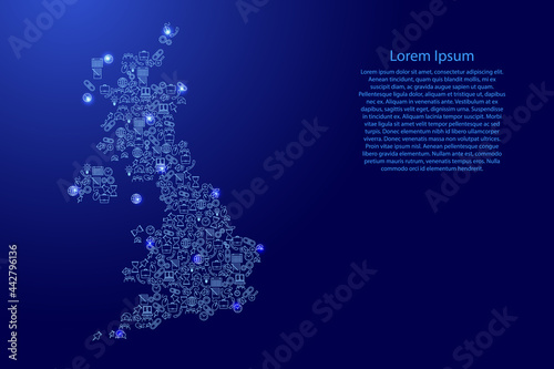 United Kingdom map from blue and glowing stars icons pattern set of SEO analysis concept or development, business. Vector illustration.