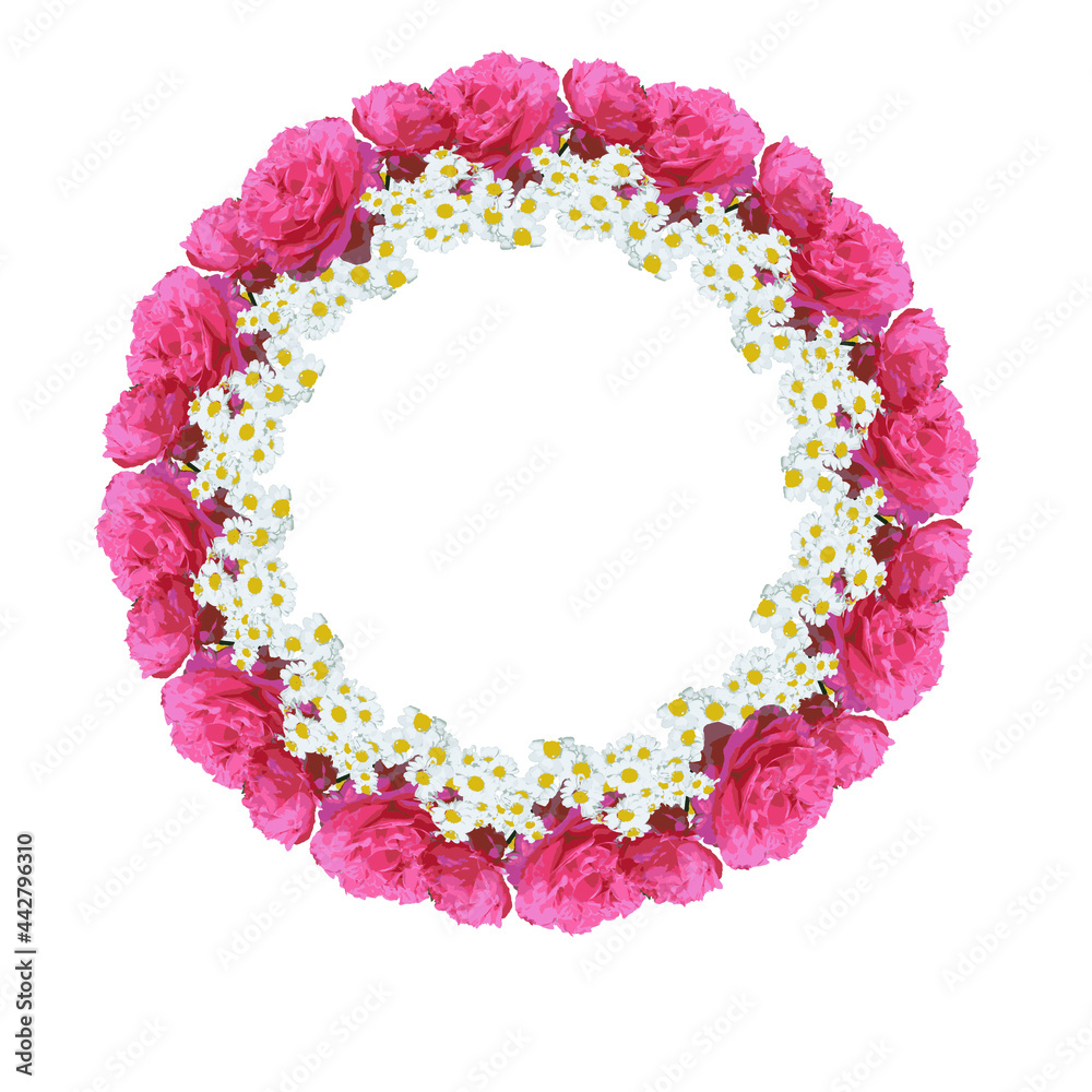 Red roses white daisy wreath art design stock vector illustration for web, for print