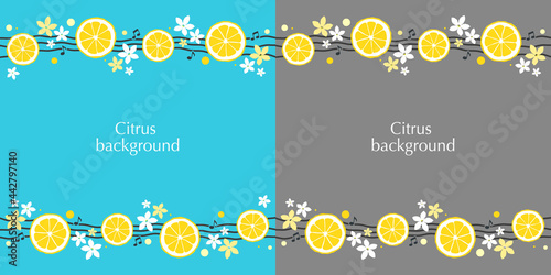 Set of banners with lemon slices, flowers and musical notes. Space for text, copy space. Vector, illustration