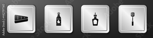 Set Steak meat, Tabasco sauce, Sauce bottle and Barbecue spatula icon. Silver square button. Vector
