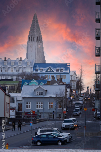 sunset in reikiavik skiline with special church photo