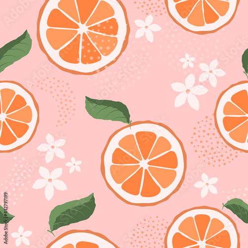 Citrus slices and white flowers. Blooming oranges on a pink background. Tropical design for printing on textiles, packaging. Vector, illustration