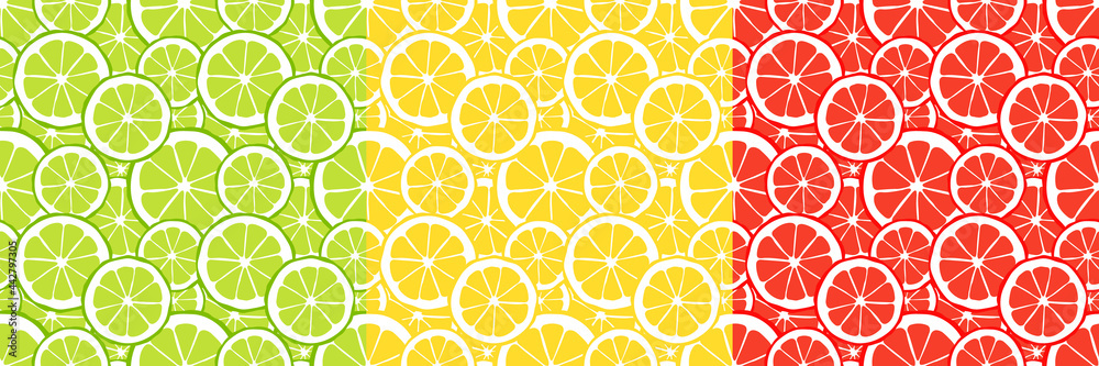 Citrus slices of lime, lemon and red orange. Set of seamless backgrounds for printing on textiles, packaging. Vector, illustration