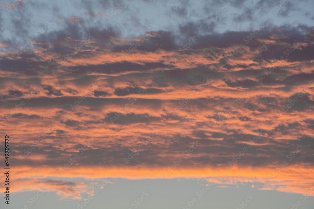Cielo con nubes de color anaranjada en el amanecer o atardecer