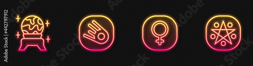 Set line Venus, Magic ball, Comet falling down fast and Pentagram circle. Glowing neon icon. Vector