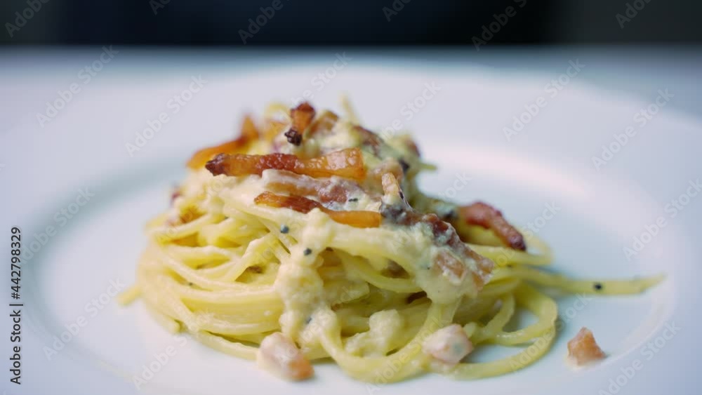 Closeup macro shot of a delicious Italian dish of carbonara pasta macaroni on a white plate. Closeup macro shot of a delicious Italian dish of carbonara pasta macaroni on a white plate.