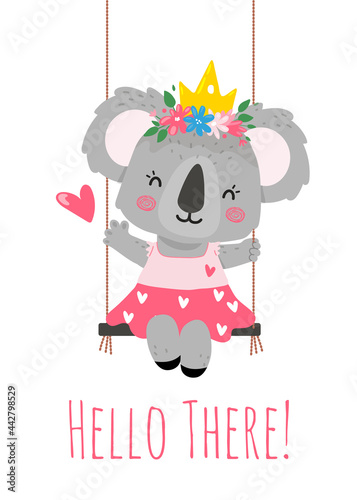 A koala princess with a crown,flowers,dress sits on a swing and says hello.Illustration for a card,invitation,posters
