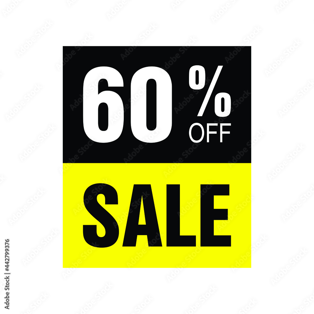 60% off. Yellow and black banner with sixty percent discount for mega big sales. 60% off. Yellow and black banner with sixty percent discount for mega big sales.