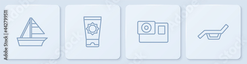 Set line Yacht sailboat, Action camera, Sunscreen cream in tube and Sunbed and umbrella. White square button. Vector