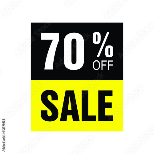 70% off. Yellow and black banner with seventy percent discount for mega big sales.