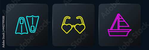 Set line Rubber flippers for swimming, Yacht sailboat and Heart shaped love glasses. Black square button. Vector