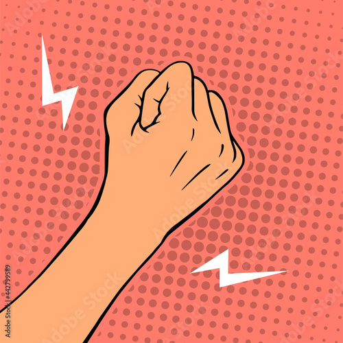 Female threatening hand fist on a color background. Protest or threat gesture. Cartoon vector illustration hand drawn pop art
