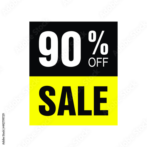 90% off. Yellow and black banner with ninety percent discount for mega big sales.
