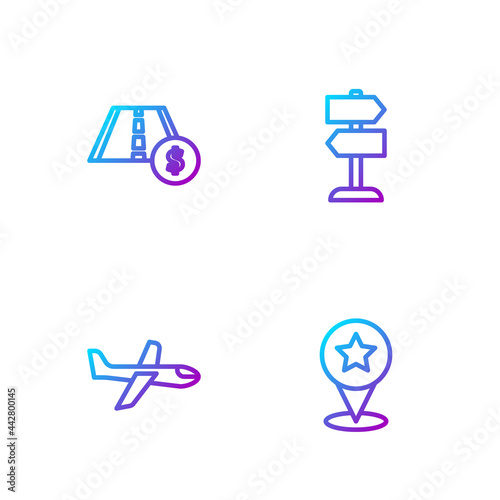 Set line Map pointer with star, Plane, Toll road traffic sign and Road. Gradient color icons. Vector