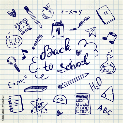 Vector set of doodle hand drawn study supply, objects for learning at school or university in the copybook or paper