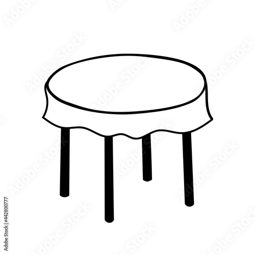 Black Vector outline illustration of a round table with tablecloth isolated on a white background