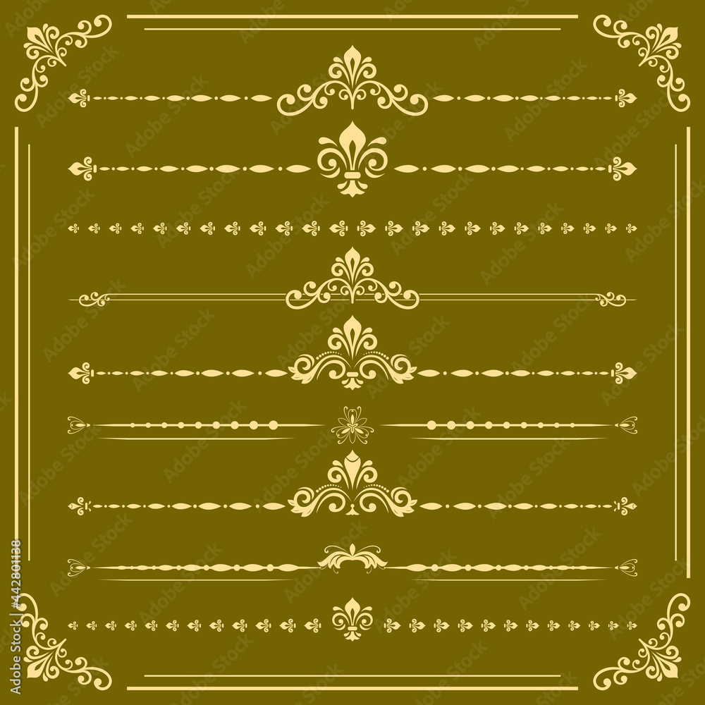 Fototapeta premium Vintage set of vector golden elements. Horizontal separators in the frame. Collection of different ornaments. Classic golden patterns. Set of vintage patterns