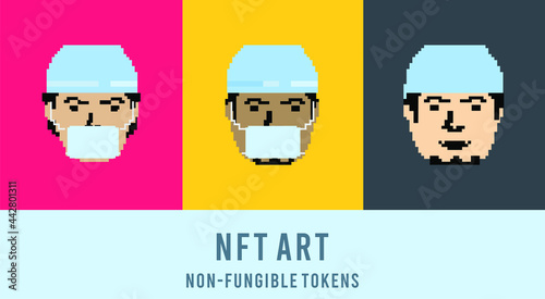 Icons of doctors and nurse faces with masks - NFT style pixel art. Healthcare and medical personnel heads, vector illustrations.