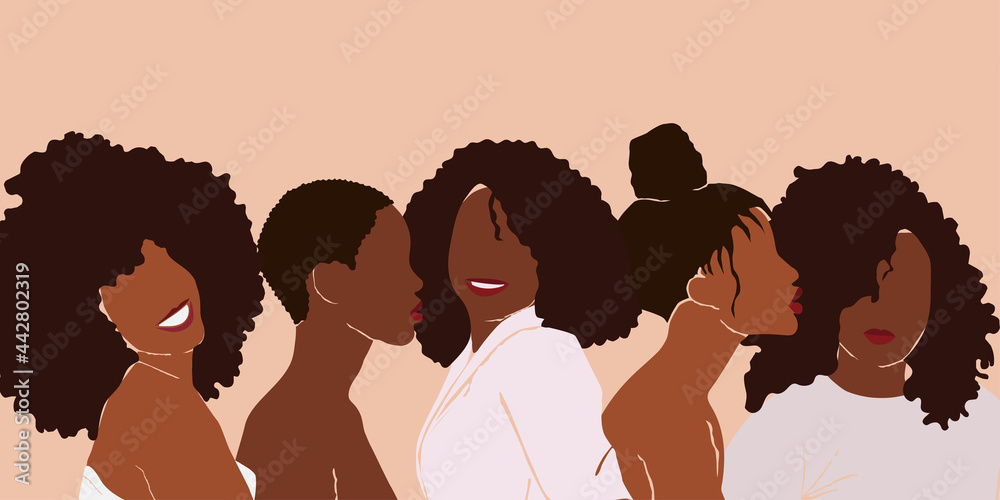 Group of African American pretty girls. Female portrait. Black beauty concept. Vector Illustration of Black Woman. Great for avatars. Fashion, beauty