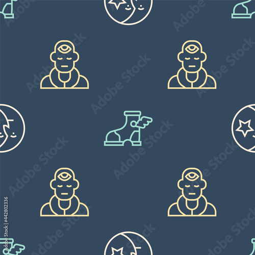 Set line Moon and stars, Wizard warlock and Hermes sandal on seamless pattern. Vector
