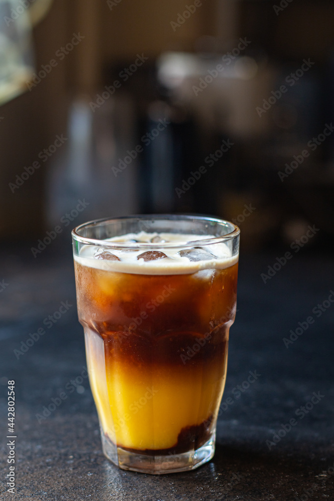 coffee orange juice bumble bee cocktail on the table, healthy food meal snack copy space food background rustic. top view