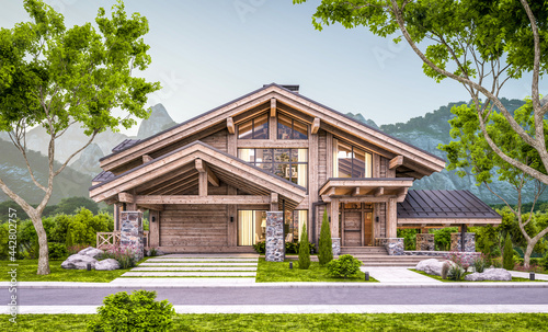 3d rendering of modern cozy chalet with pool and parking for sale or rent. Massive timber beams columns. Beautiful forest mountains on background. Clear summer evening with cozy light from window