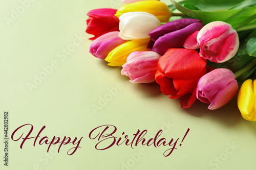 Happy Birthday! Beautiful tulips on light green background © New Africa