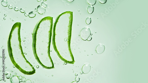 Aloe vera slice texture with gel on green background. Medicinal plant. Flat lay. Top view. Natural herbal medical plant, skincare, healthcare and beauty spa concept.