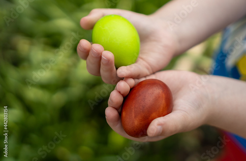 a boy holds green and brown Easter eggs in his hands in the garden