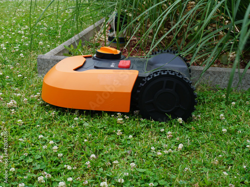 ein Mähroboter mäht die Kanten vom Rasen 