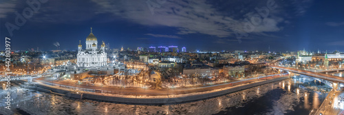 Panorama of the embankment in the center of Moscow overlooking the Cathedral of Christ the Savior, at night