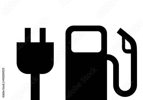 Iconos de gasolinera y  carga eléctrica para coches eléctricos. Enchufe y expendedor de gasolina, gasoil o crudo